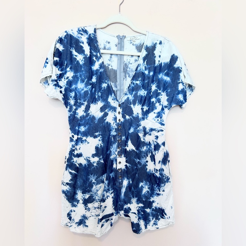 Blue and White Tie-Dye Button-Up Romper